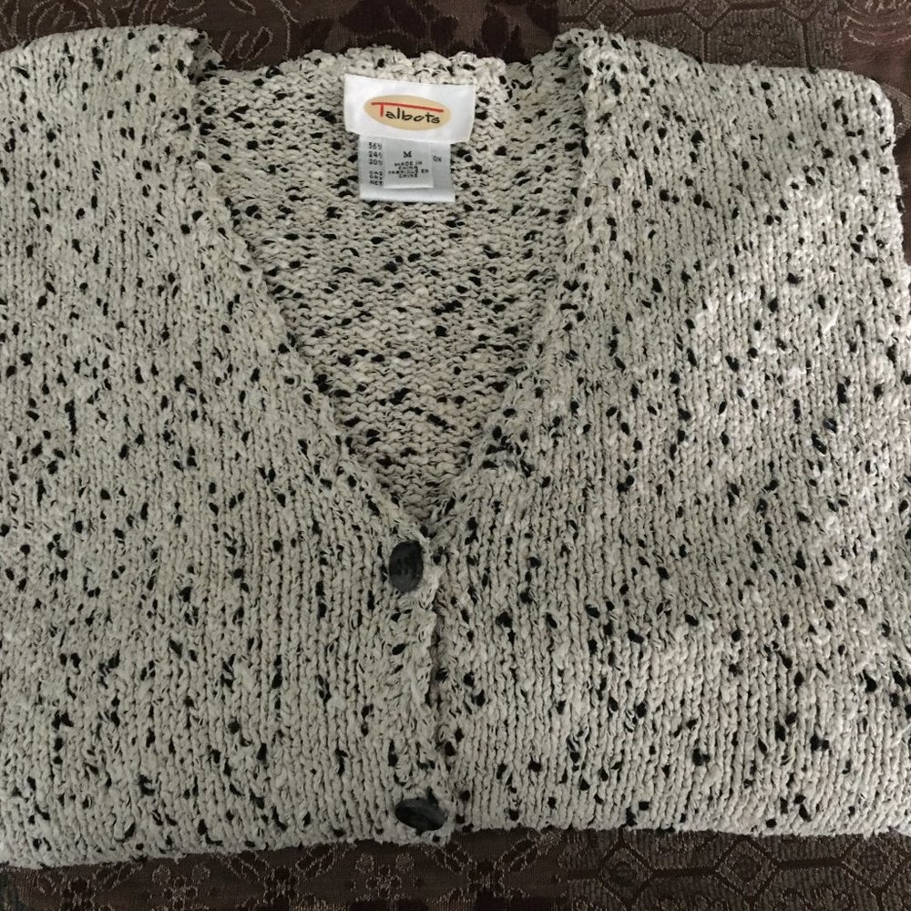 Talbots Cream/Black Nubby Knit Cardigan Sweater